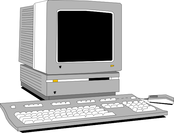 The image shows a classic IBM PC computer with its monitor turned off on what appears to be an office desk against a dark background.