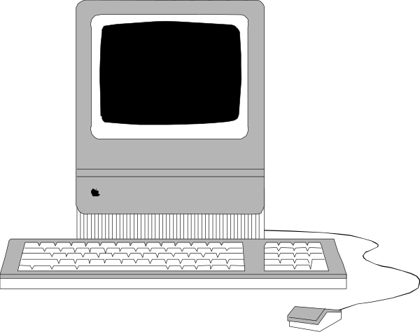 The black and white illustration shows two computer monitors side by side on a desk with keyboards beneath them; to their right is an older model desktop computer tower labeled "IBM" in front of which sits another keyboard, suggesting comparison between old and new technology or perhaps nostalgia for the past.