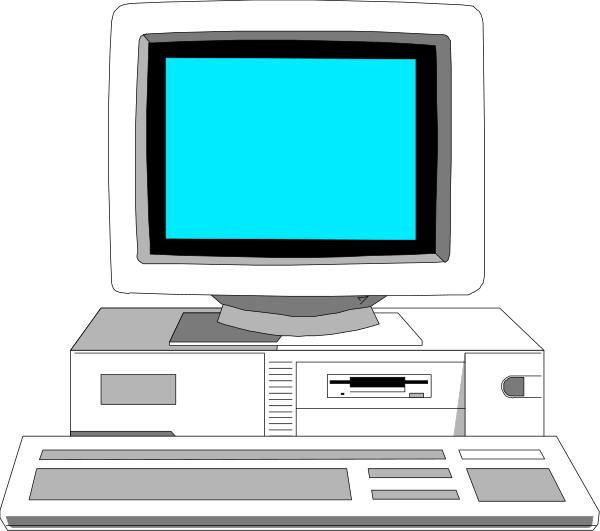 The black and white illustration shows a computer monitor with blue screen on top of an old desktop computer tower sitting next to it is another older model cpu unit; both computers appear unused in what looks like a dark room, possibly indicating obsolescence or nostalgia for early computing technology.