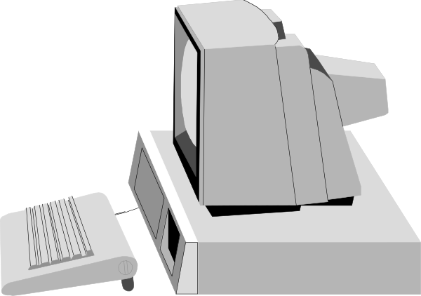 The image shows a black and white illustration of an office space with various items such as a computer monitor on top of what appears to be a desk, two keyboards in front of it, one keyboard is larger than the other, there's also a mouse next to them, and below these objects are some papers. To the right side of this setup stands a printer or copier machine with its lid open revealing an empty interior. The background features what seems like office furniture such as chairs that can be seen behind the desk area where the computer monitor is placed.