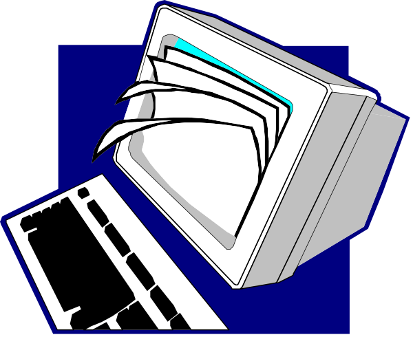 The image shows a computer monitor with an open book on top of it next to two laptops; there is also a keyboard in front of one laptop.