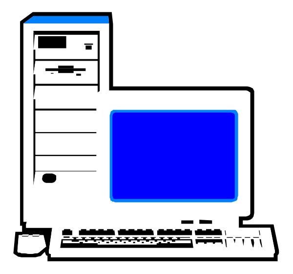 The image shows a desktop computer setup with a monitor displaying blue screen on top of it, keyboard to its right side in front of mouse pad, tower unit below the desk surface, all set against black background.