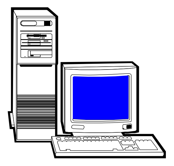 The black and white illustration shows a desktop computer with monitor turned off next to keyboard on desk.