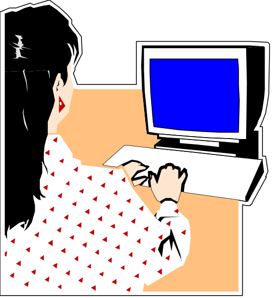 The illustration shows a woman sitting at her desk using a computer with an open window on its screen; she is wearing red polka-dot blouse and has dark hair tied back in ponytail.