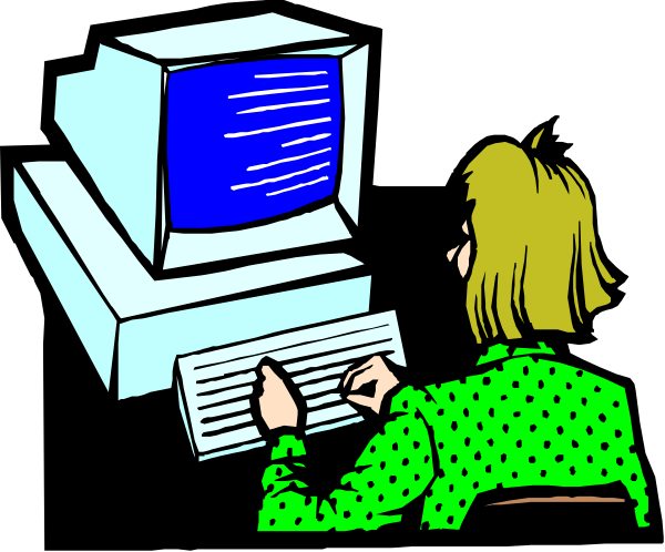 The illustration shows a woman sitting at an old computer with blue screen outputting text; she is typing on it while looking downward to her left.