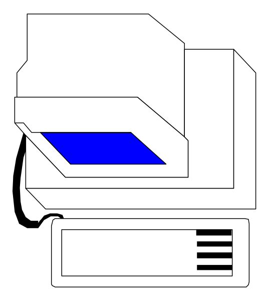The image shows a black and white printer with paper loaded into it on top of what appears to be an office desk surface in front of which there is another object that looks like a computer monitor displaying blue text, but due to its small size within this clip-art style picture, the details are not clear.