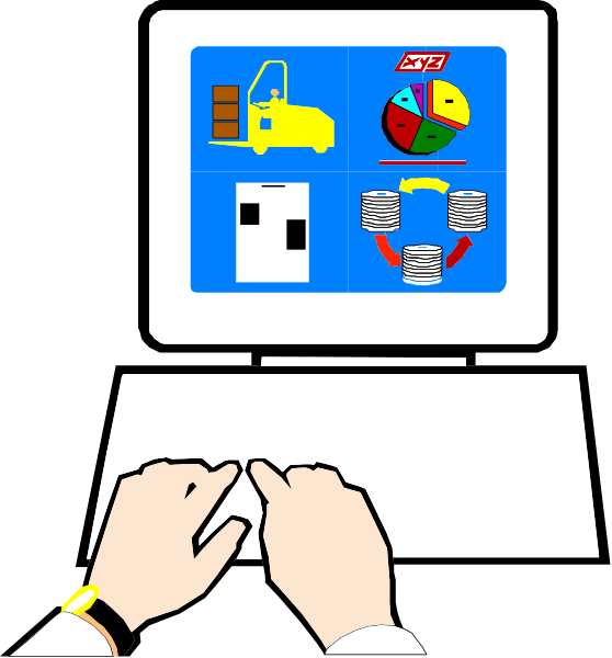 The image shows a person's hands typing on a laptop keyboard with various icons displayed on its screen: an icon of a truck, two pie charts showing data in different shades (blue & green), another chart that appears to be related to finance or accounting, and three other smaller images which are not clearly identifiable. The setting is indistinct but suggests it could be someone's workspace at home due to the casual attire of a person whose hands we can see typing on the keyboard in front of them.
