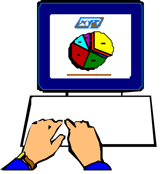 The image shows a computer monitor displaying an interactive pie chart with various colored segments representing different categories of data; hands typing on a keyboard in front of the screen; no visible text is present to provide additional context about what's being typed, and there appears to be some sort of document or paperwork beneath the person's hand. The overall style suggests that this image may represent an activity related to financial analysis or budgeting due to the pie chart representation commonly used in such fields for visualizing data distribution across different categories.