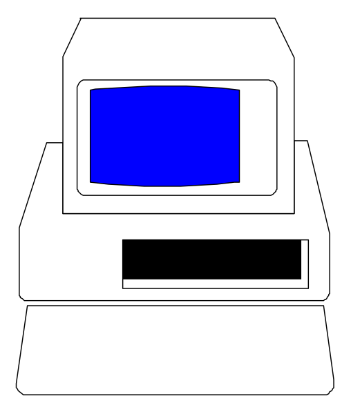 The black and white illustration shows a computer monitor with blue screen on top of an old CRT desktop computer tower.