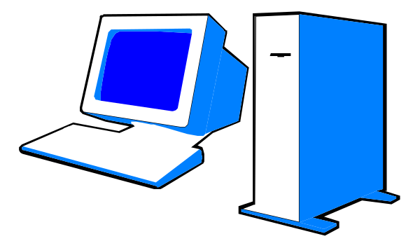The image shows a computer monitor on top of an open desktop tower with a keyboard to its right side against a dark background.