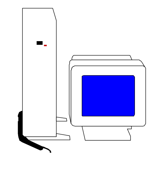 The black and white illustration shows a desktop computer with its monitor turned off placed on top of another device that appears to be an older model printer or scanner next to it is a small keyboard unit.