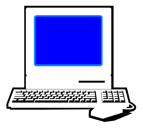 The image shows a desktop computer with its monitor displaying blue on top of black backgrounds; it is placed next to an external keyboard in front of what appears to be a dark surface.