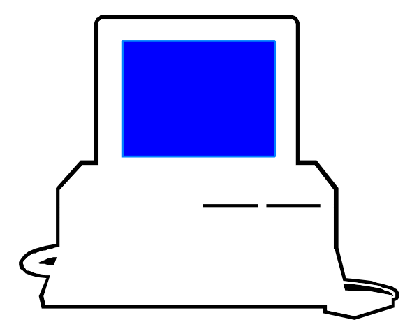 The image shows a computer monitor with blue screen on top of an older model desktop computer tower against a black background.
