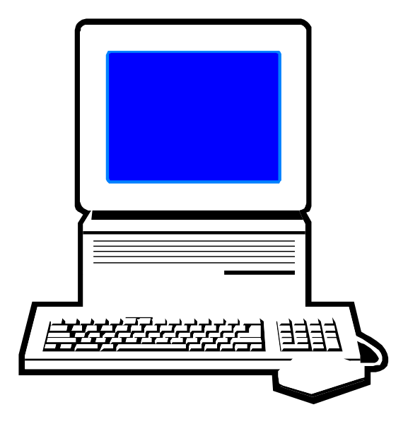 The image shows a computer monitor with blue screen on top of an open laptop displaying what appears to be Windows 95 interface. Below it is a keyboard partially visible at bottom right corner. There's no text in this clip-art illustration, and there isn't any action or setting depicted; the focus here seems solely on these two computer devices with their respective screens displayed prominently against black background. The style of image appears to be digital art or a graphic representation commonly used for icons or logos related to technology or computing themes.