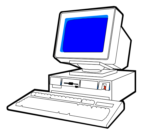 The image shows a computer monitor with blue screen on top of an old desktop computer tower that has a keyboard attached to it in front of what appears to be a black background.
