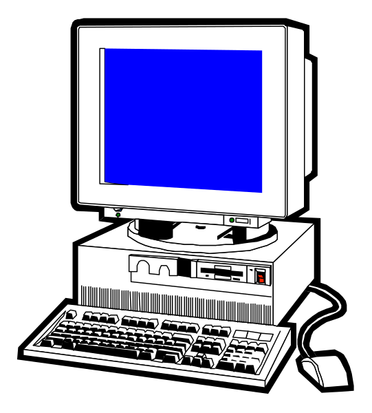 The black and white illustration shows a desktop computer with an open monitor displaying blue screen on top of it, sitting next to keyboard in front of mouse pad.
