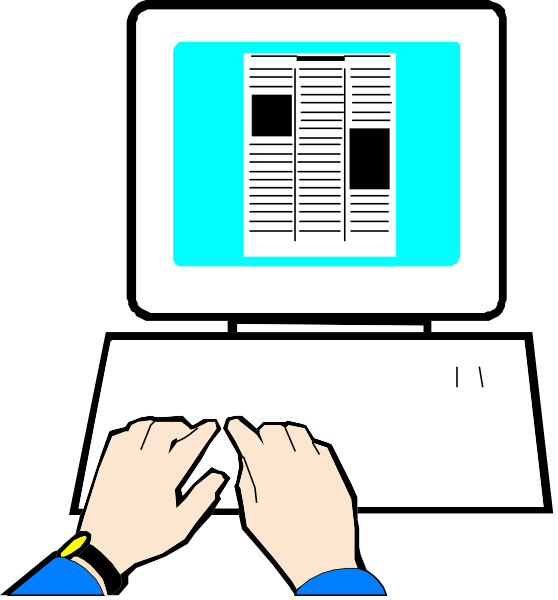 The illustration shows a person's hands typing on a laptop keyboard with an open newspaper displayed on its screen.