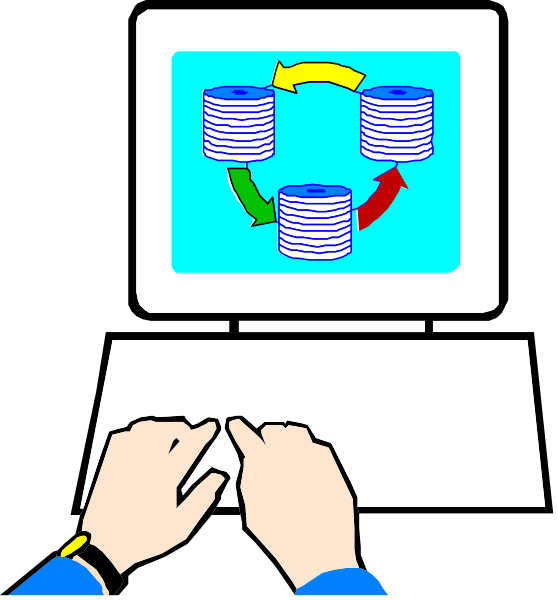 The image shows a person's hands on a computer keyboard with an illustration of three stacked CD-ROM discs in front of them representing data storage layers, connected by arrows forming a cycle symbolizing recycling and sustainability concepts within digital technology or computing environment.