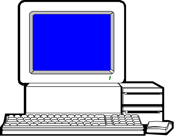 The image shows a computer monitor with blue screen on top of an old CRT desktop computer unit that is turned off; to its right sits a keyboard partially visible in front of it.