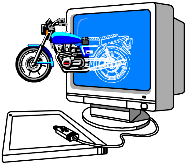 The illustration depicts a motorcycle on top of a computer monitor with wheels visible above it; to its right is an old-fashioned desktop computer setup including keyboard and mouse in front of which there's a small, black tabletop.