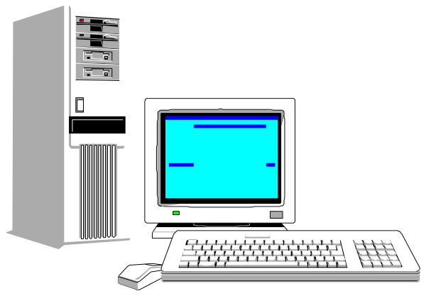 The image shows a computer setup on top of a desk with two monitors: an older CRT monitor displaying blue static to its right side and another smaller screen showing what appears to be text; in front, there's a keyboard partially visible at bottom left corner.