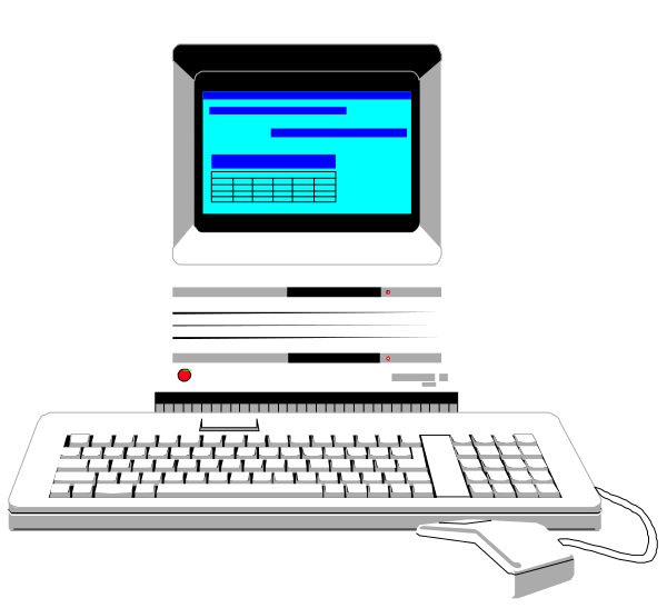 The image shows a desktop computer with an old CRT monitor displaying blue text on its screen, placed next to a keyboard in front of it.