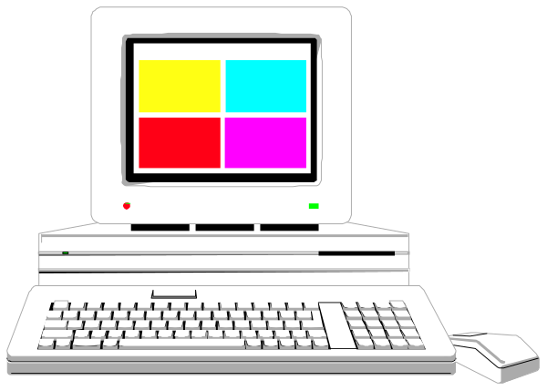 The image shows a laptop computer with an open screen displaying four colorful squares on its monitor, placed next to what appears to be another device that resembles a printer or scanner.