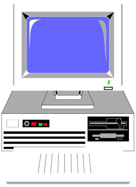 The image shows a desktop computer with an old CRT monitor on top of it, placed against a gray background.