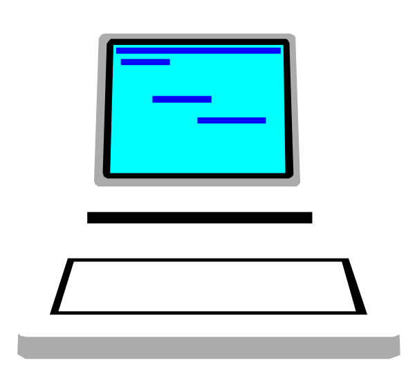 The image shows a computer monitor displaying text on its screen with an open laptop next to it; both devices appear old-fashioned in design.