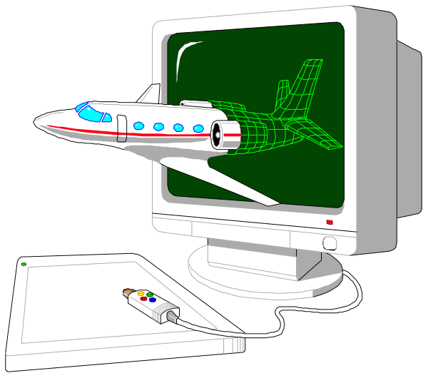 The image shows a computer monitor displaying an animated airplane on its screen with flight controls visible beneath it; to the right of this setup is another smaller animation showing what appears to be a model plane in mid-flight, and below that there's a small white box connected by wires.