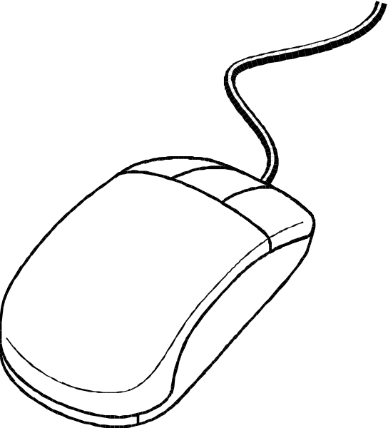 The black and white illustration shows a computer mouse with an attached cord on top of it against a dark background.
