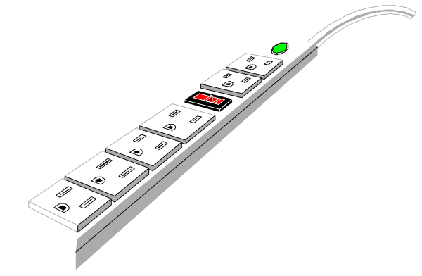 The image shows a white remote control with buttons on it next to an outlet strip that has multiple plugs inserted into its sockets.