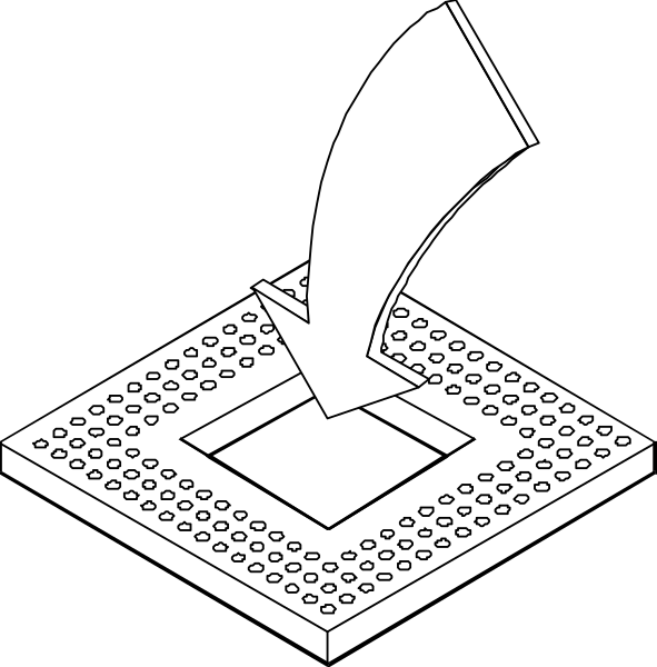 The black and white illustration shows a top view of two interconnected circuit boards with dots representing electronic components such as resistors or capacitors on one board pointing to an arrow indicating connectivity between them in another, suggesting integration or connection within electronics assembly or design process.
