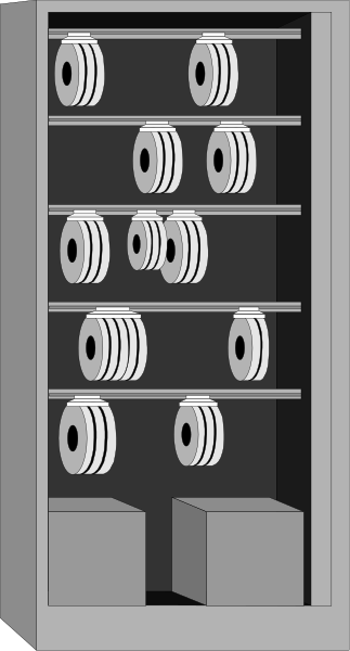 The image shows a black vending machine with multiple shelves stocked full of items that appear to be rolls of paper towels in various sizes; there is no text present on this object-oriented illustration.
