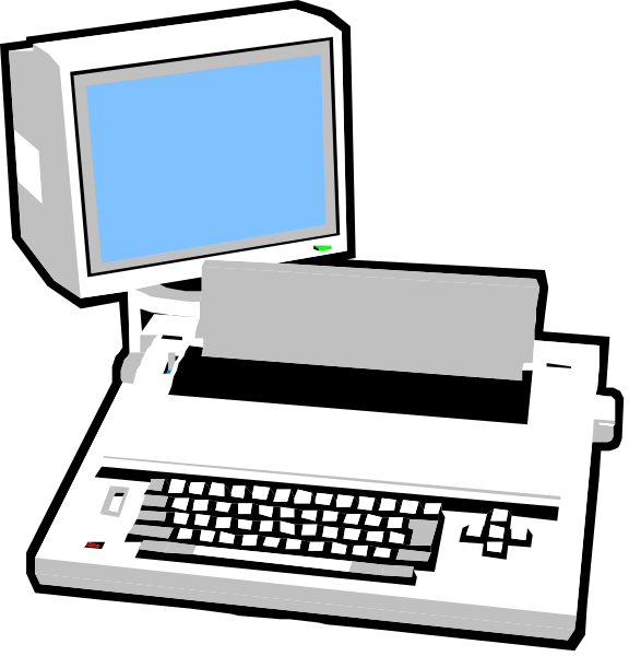 The image shows two computer setups: on top left there's a desktop with an open laptop screen displaying blue; below it is another setup featuring a classic typewriter-style keyboard in front of what appears to be a monitor, and both sit atop a dark surface against the black background.