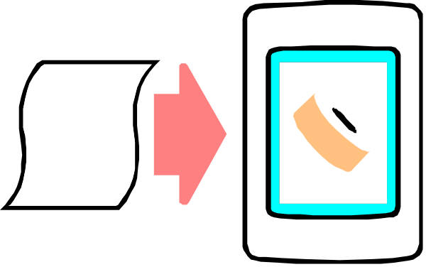 The image shows a sequence of three panels with an arrow pointing from left to right: 1) A smartphone displaying what appears to be a document; 2) An icon indicating "SEND" followed by another screen showing two documents, one being sent and the other received or viewed on a tablet-like device. The third panel shows only half of this image with an arrow pointing from right back into it, suggesting that there is more content outside its frame which includes sending something to someone else's smartphone displaying what seems like another document.
