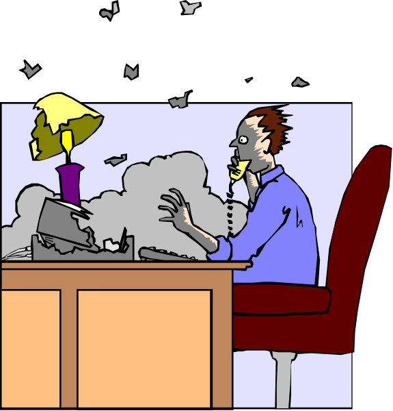 The image shows a split screen with two different scenes: on top, there's an animated scene of someone sitting at their desk in front of a computer monitor; below that is another animation showing them talking to a person who appears as if made out of paper or cardboard and holding up smoke signals.