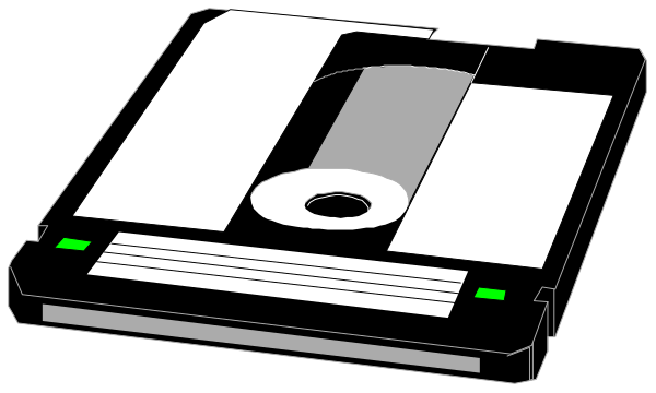 The image shows a floppy disk drive with an open door revealing blank disks inside it against a dark background.