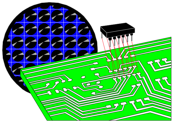 The image shows a computer circuit board with various electronic components such as resistors, capacitors, transistor, integrated circuits (ICs), diodes, etc., against a black background; there is also an infrared sensor and some wires connected to it on top of the PCB.