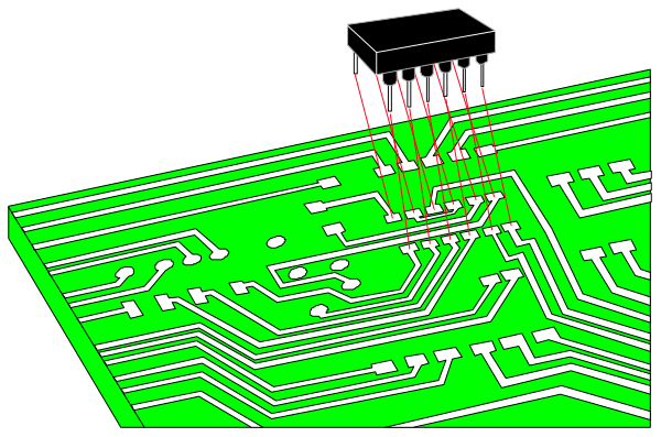 The image shows a computer circuit board with red laser beams emanating from it against a black background on top of another similar but smaller circuit board that is green in color.