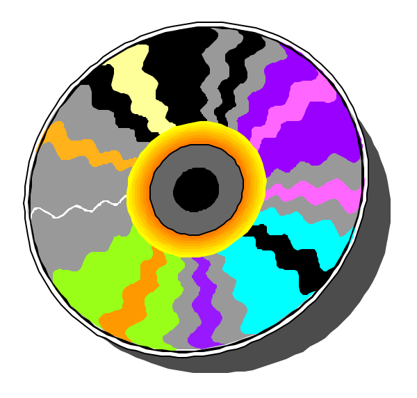 The image shows a colorful CD with various patterns on it placed against a black background.