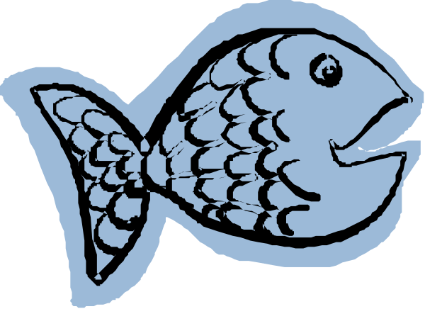 The image shows a cartoon of an open fish with its mouth wide open as if it's speaking, set against a blue background that resembles water.