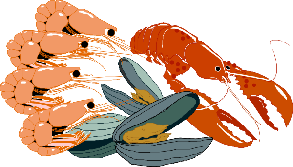 The image shows a cartoon depiction of several red crabs with orange shells surrounded by various sea creatures such as fish in different shapes and sizes; there is no text present within this small clip-art illustration, which focuses on marine life underwater against an unseen background.