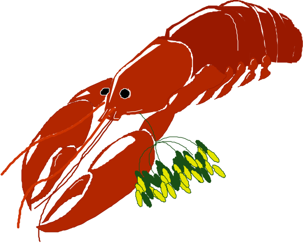 The image shows a red lobster with yellow flowers on its back against a black background.
