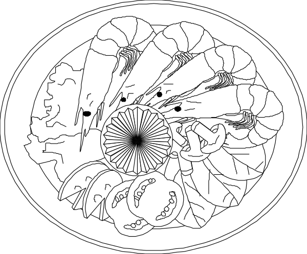 The black and white illustration shows a circular design with various sea creatures such as shrimp, crabs, fish, octopus, shells, coral reef elements like anemone, starfish, and possibly other marine life arranged in concentric circles around what appears to be the center of a compass rose.