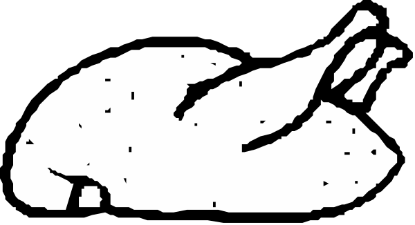 The black and white illustration shows a cartoon of an animal lying on its back with four legs extended outward as if it's playing dead in front of two small dots that could represent eyes.