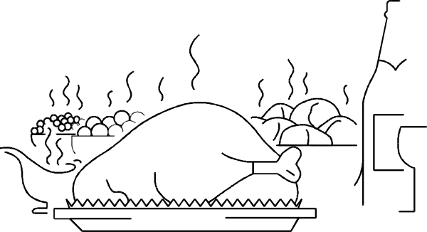 The black and white illustration shows a cartoon of an oven with food inside it on top of which is another smaller image depicting bread loaves being baked in that same oven.