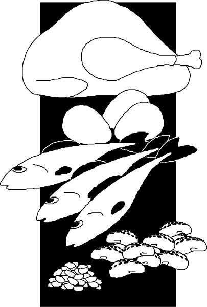 The black and white illustration shows a cartoon of an open bag with fish inside it on top left corner; below that is another image depicting three pieces of broccoli in front of two carrots, which appear to be floating above them as if suspended by strings or wires. To the right side are four small birds flying away from a large turkey lying down and surrounded by what looks like fish eggs on its back; below this scene is another image showing three pieces of broccoli in front of two carrots, which appear to be floating above them as if