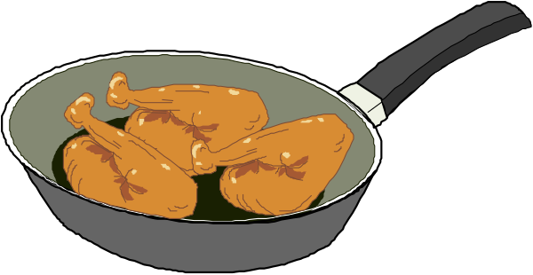The image shows a frying pan with chicken pieces being cooked on top of it placed next to another similar empty skillet in an indoor kitchen environment.