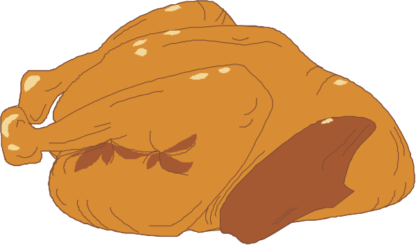 The image shows a cartoon of an overstuffed turkey with its wings spread out as if it's flying through mid-air against a plain background.